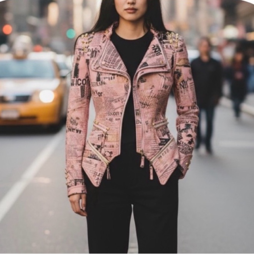 SX XS pink newspaper punk motorcycle jacket